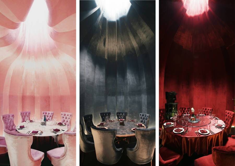 Composite image of the pink, blue, and red themed private rooms, showing different colors and materials for private dining experiences.