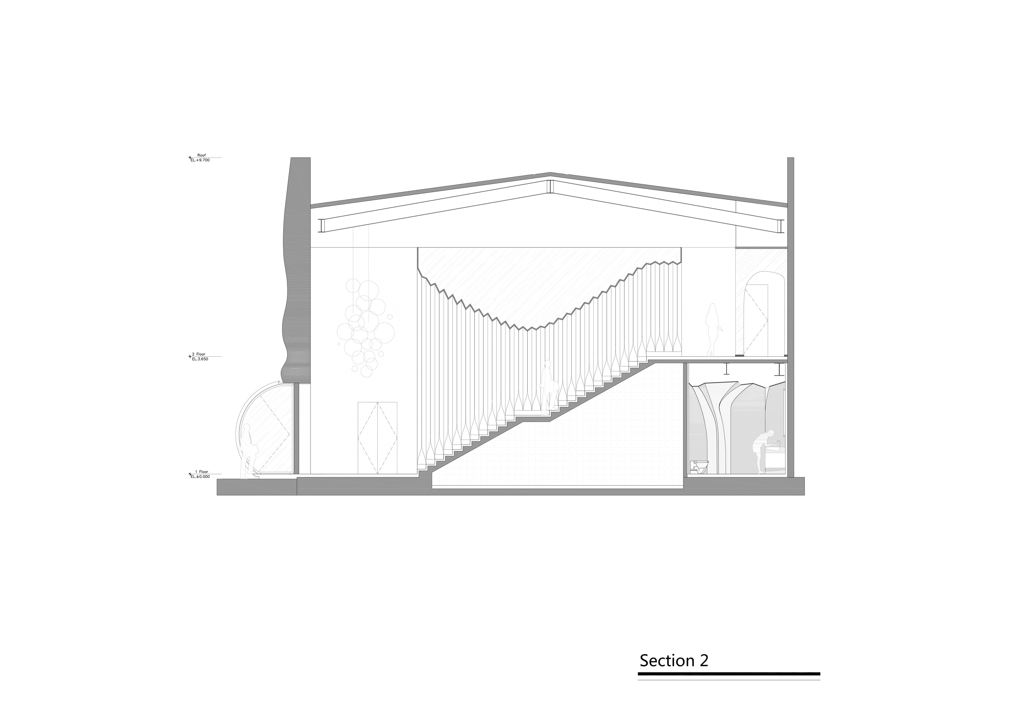 Section of the MS-II Restaurant, showing the entrance sphere, stair, mezzanine, and second-floor dining spaces.