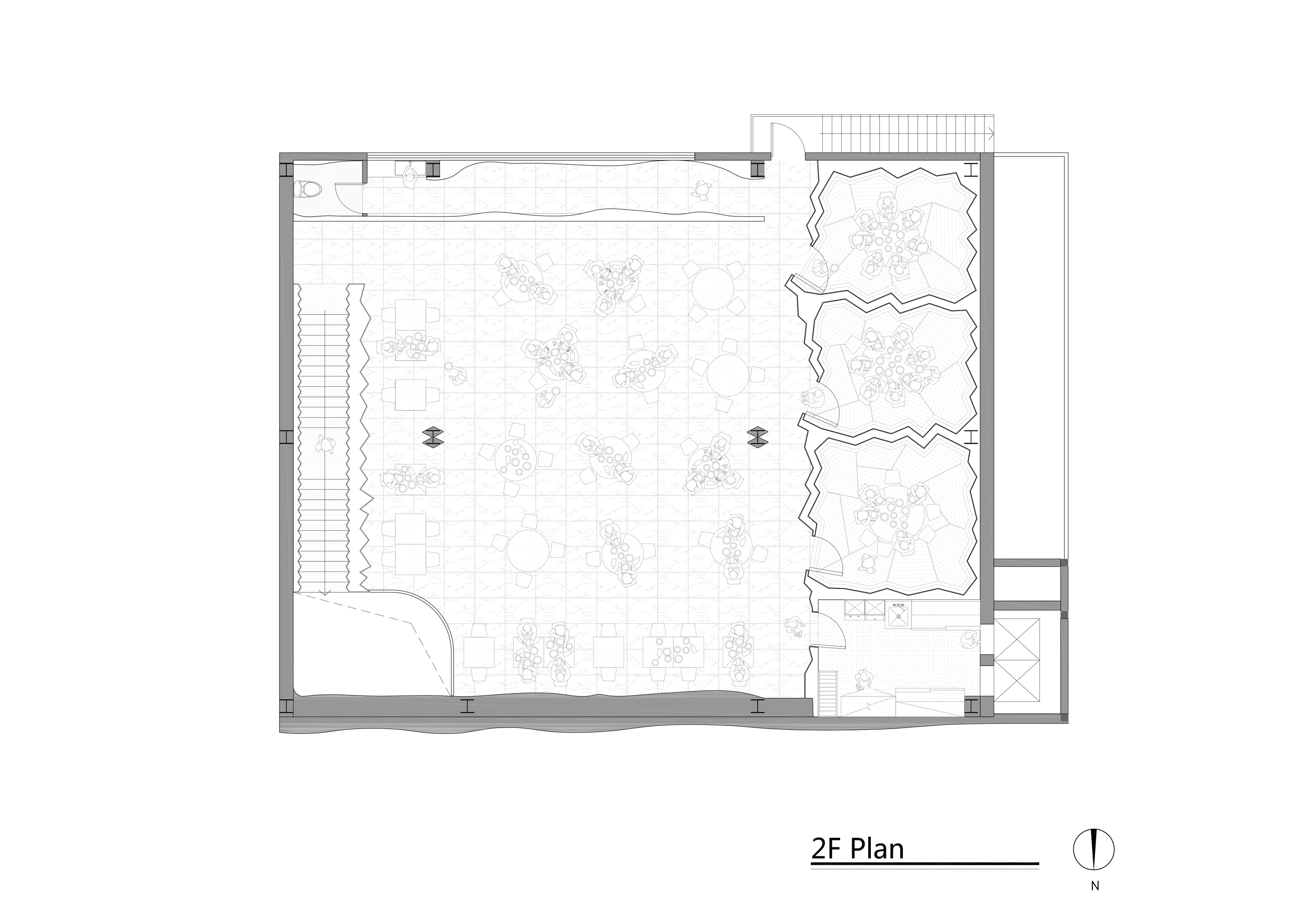 Second-floor plan of the MS-II Restaurant, showing the open dining area, private rooms, and southern light-filtering corridor.