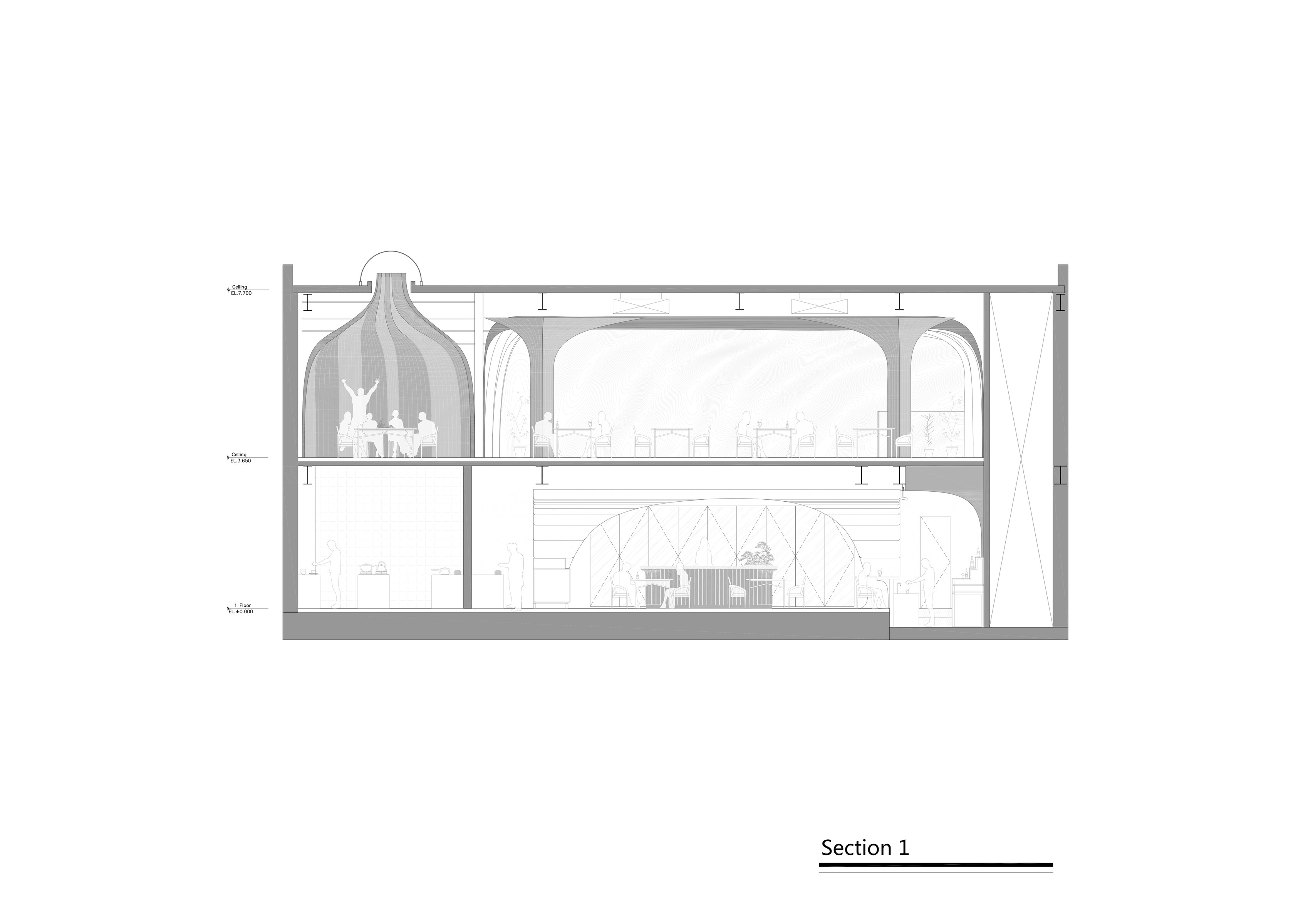 Section of the MS-II Restaurant, explaining the vertical relationship among the second-floor dining space, private rooms, and building envelope.