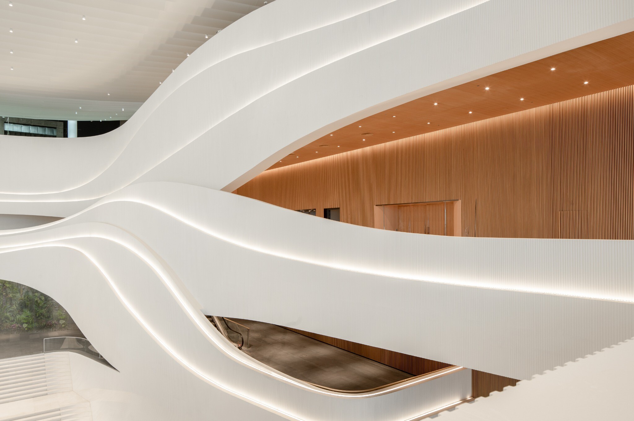 View of the curved atrium interface and exhibition spaces, showing the relationship among continuous white surfaces, balconies, and galleries.