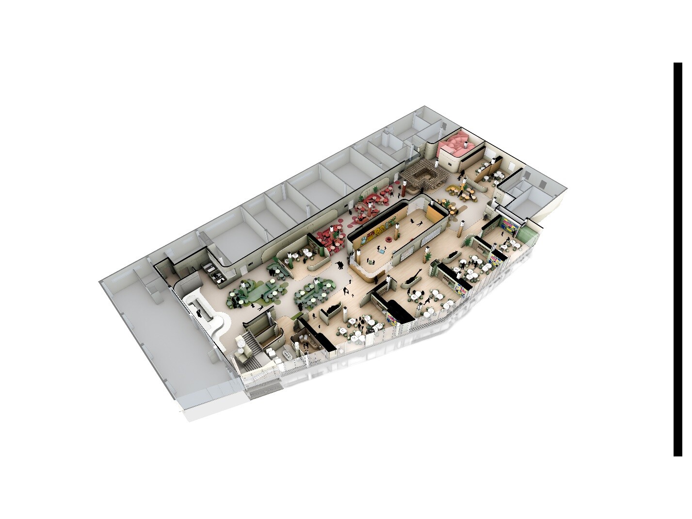 Puzzle-like axonometric layout of the second floor, showing classroom organization and public circulation.