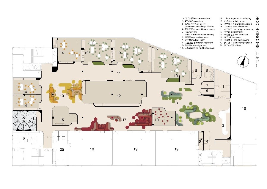 First-floor plan of MTG Learning Center, showing the entrance, public spaces, and functional zones.