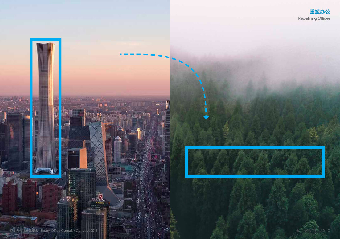 Main visual of the North Forest low-density office complex, showing the relationship among the facade, elevated office levels, roof gardens, and natural landscape.