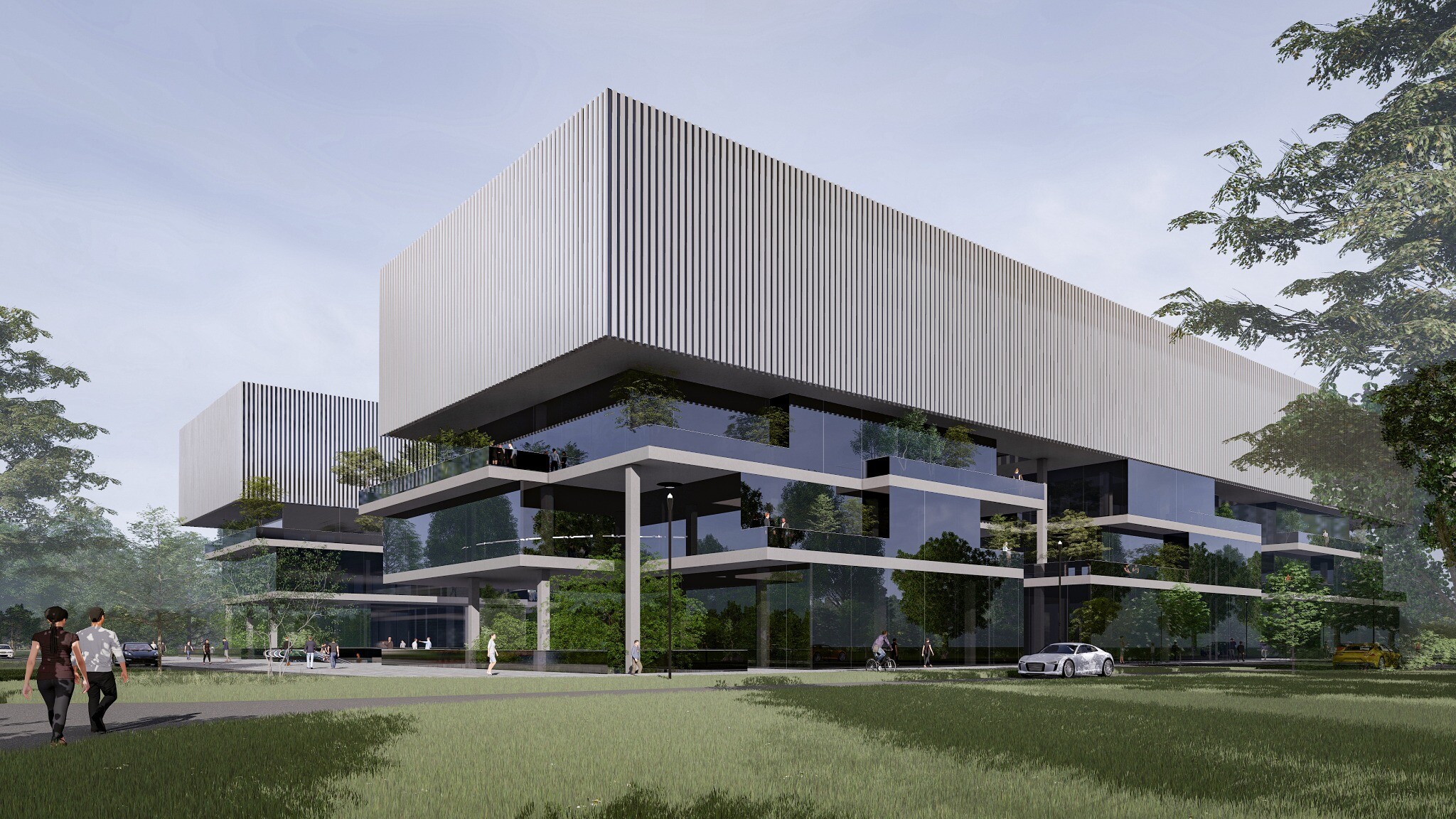 Street-level entrance rendering of the North Forest low-density office building, showing the open lower level, pedestrian entrance, planted courtyard, and office volumes.