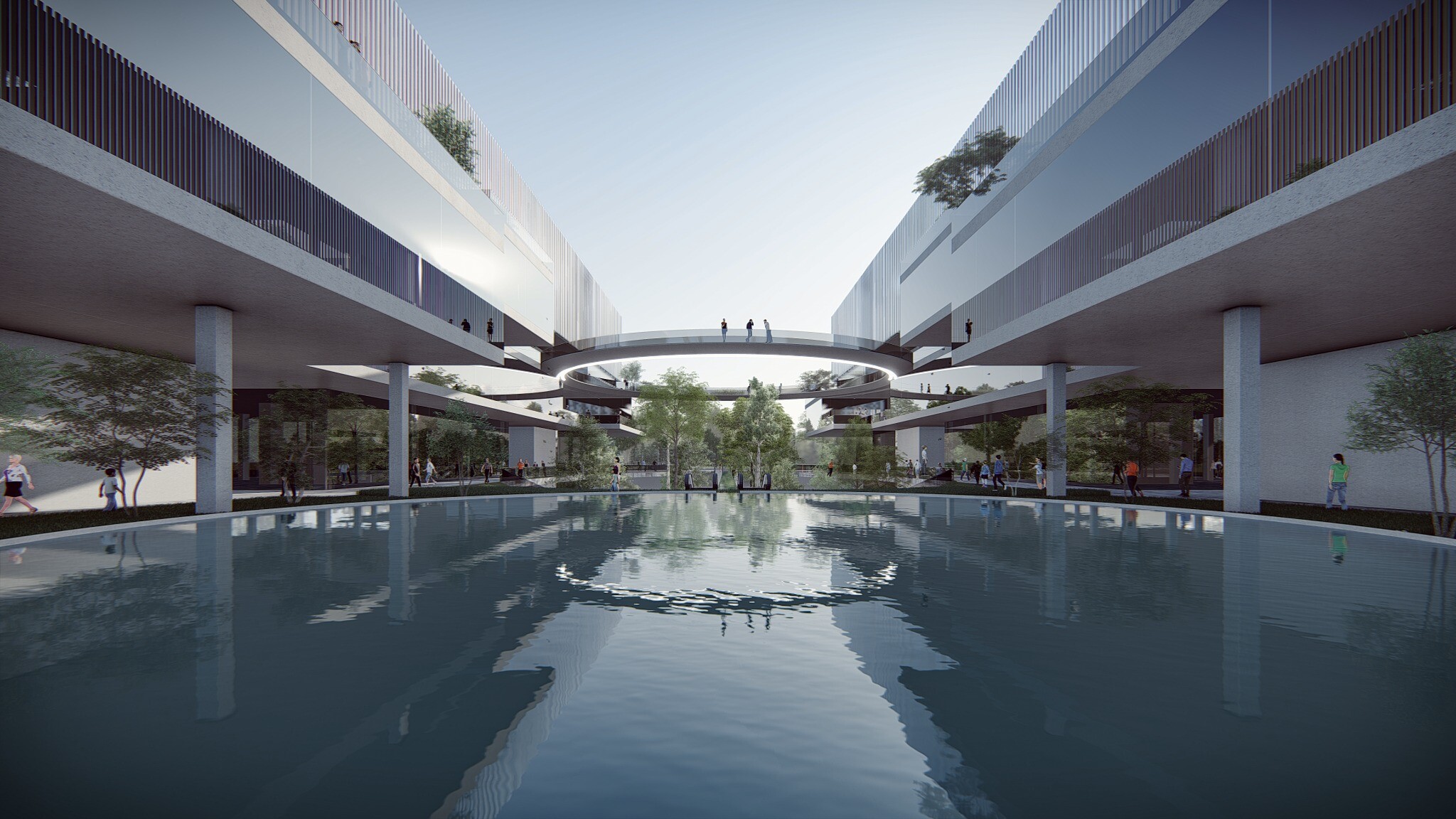 Rendering of the elevated public space in North Forest, showing open activity areas below the building, planted platforms, and continuity with office spaces.
