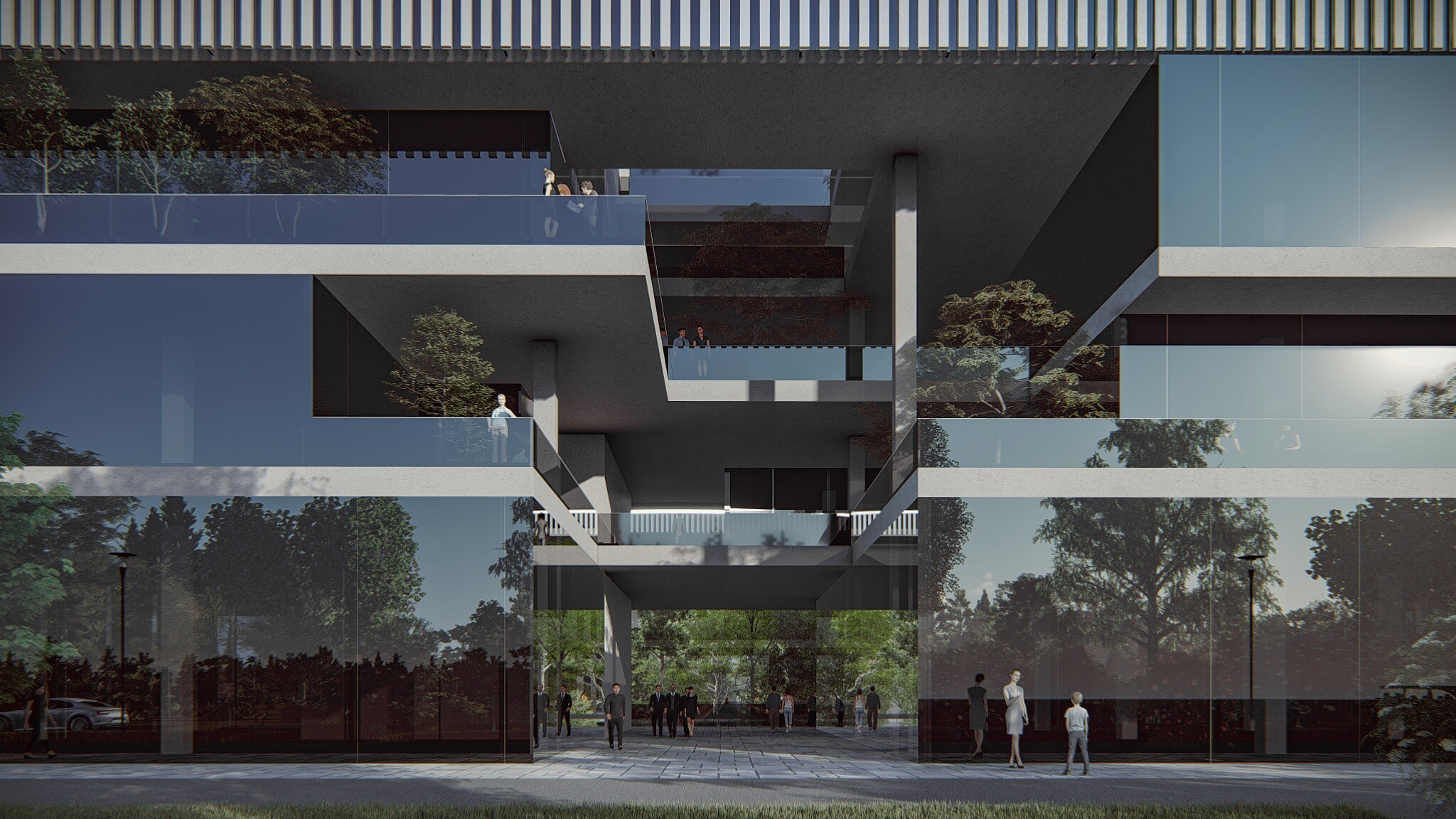 Rendering of the central water court and open office courtyard in North Forest, showing natural landscape and shared gathering space inside the low-density office cluster.