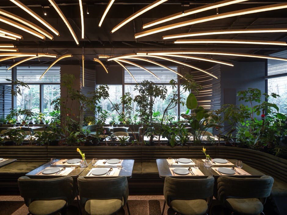Spark-shaped main lighting installation echoing the sculptural curved wall surfaces in the restaurant.
