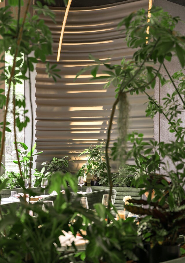 View toward the main dining area through curved walls, showing the spark lighting installation, tables, and plants as a sculptural restaurant space.