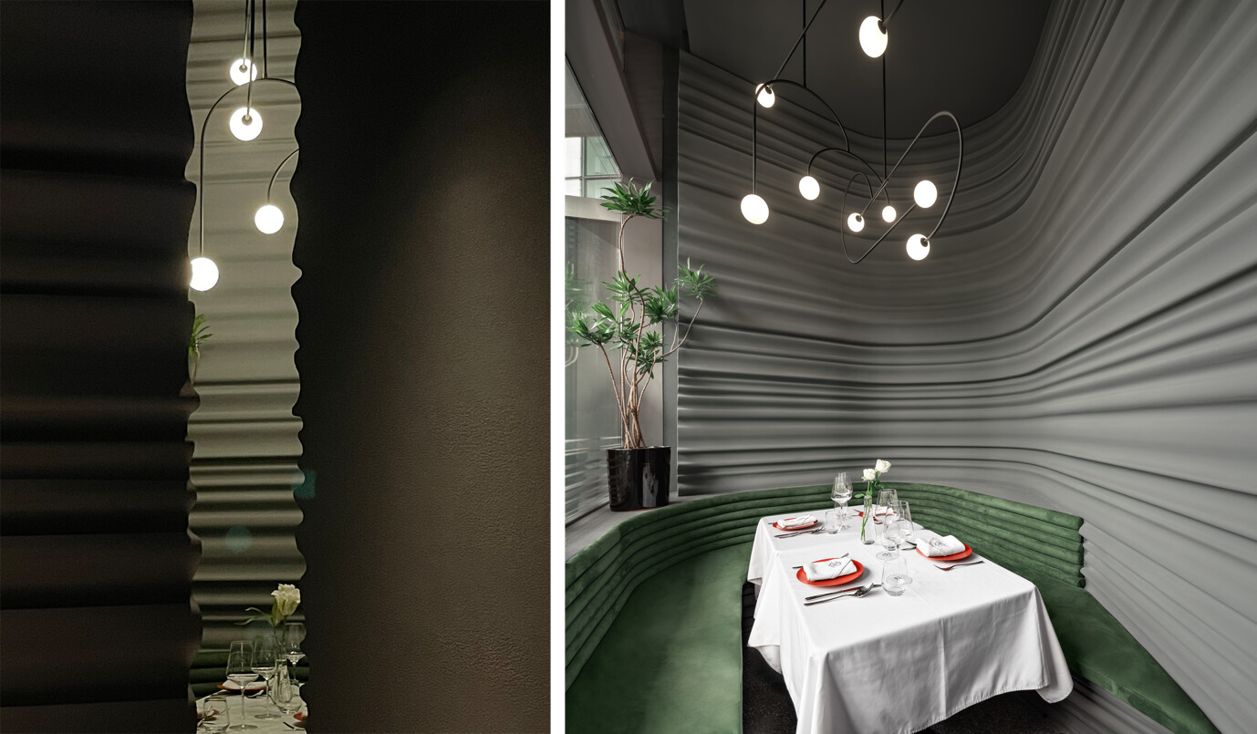 Restaurant plan showing the entrance, main dining area, private room, kitchen, and service spaces.