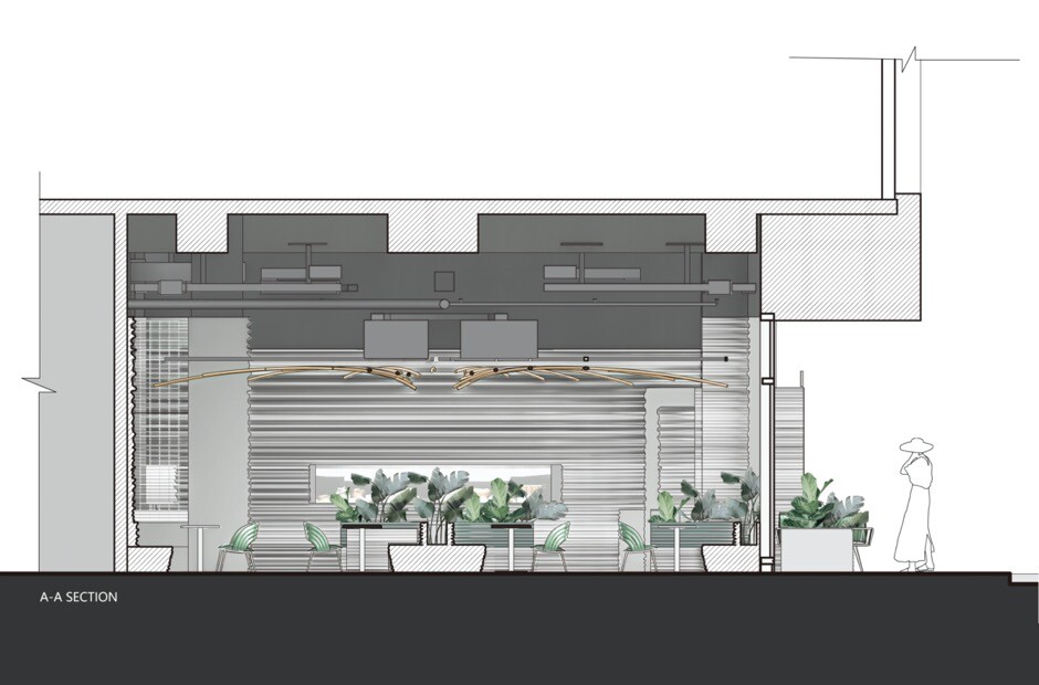 Wall detail drawing at the serving outlet, showing sculptural wall texture, structural layers, and construction detail.
