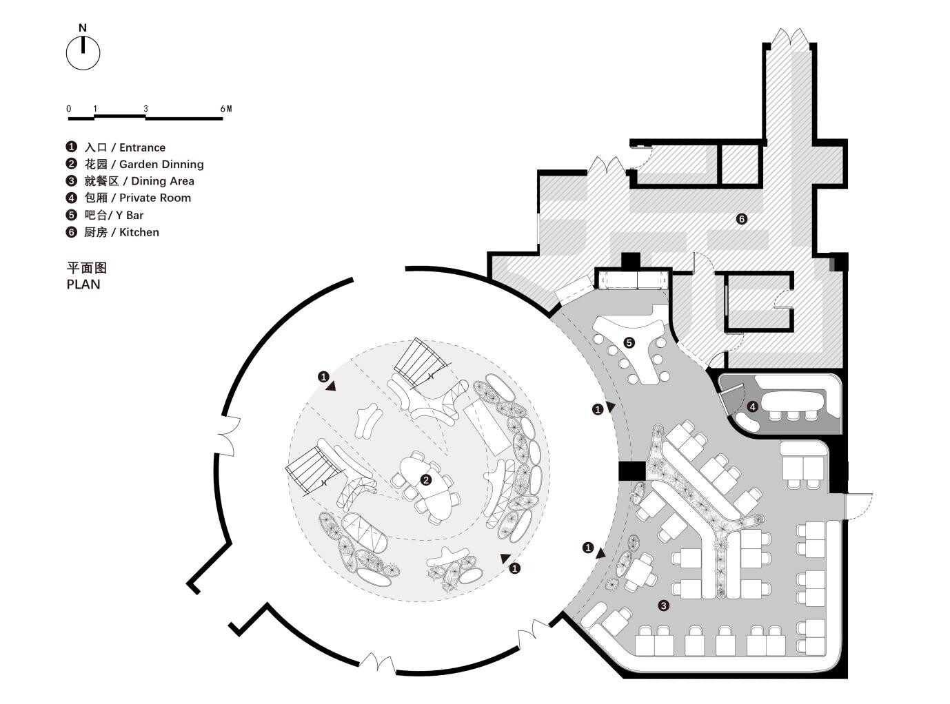 Restaurant plan showing the entrance, atrium garden, bar, dining area, kitchen, and service spaces.