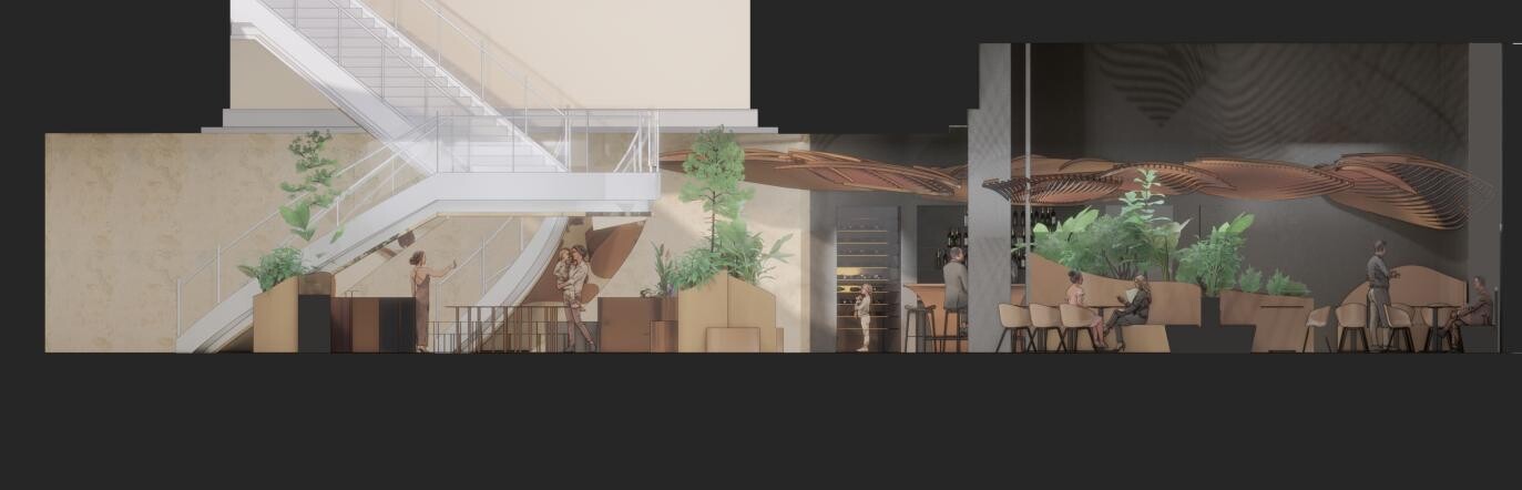 Restaurant section showing the relationship among the atrium, dining area, roof installation, and spatial height.