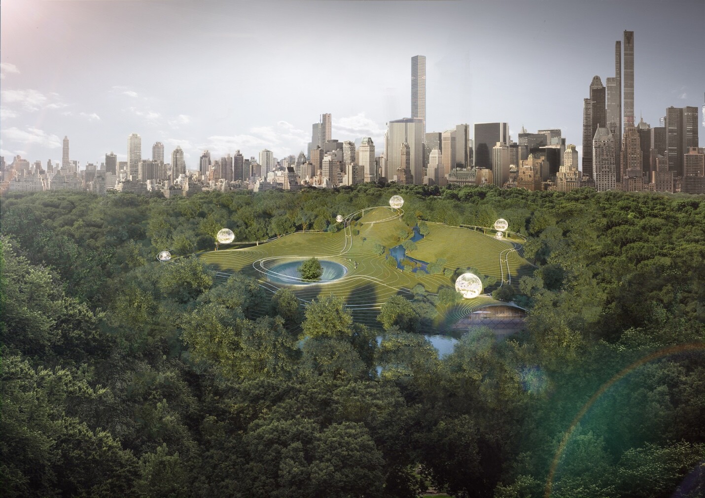 Aerial view over Central Park showing Lib-Ark, with mobile reading pods and landscape paths embedded between forest and lake, and the New York skyline in the distance.