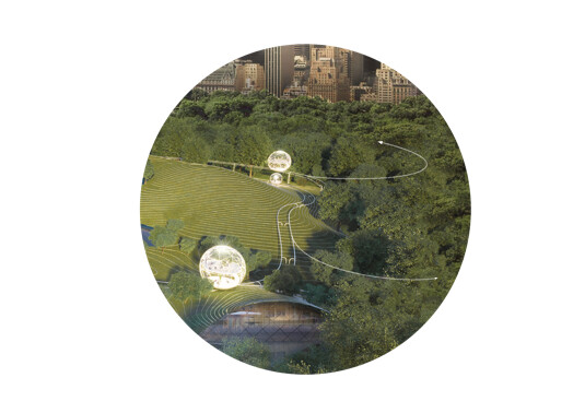 Visitors enter a transparent mobile reading pod from a park path, with the reading space suspended between Central Park’s hills and lake landscape.