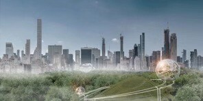 Reading pod arriving at a mountaintop node, where visitors can overlook the New York skyline from inside Central Park.
