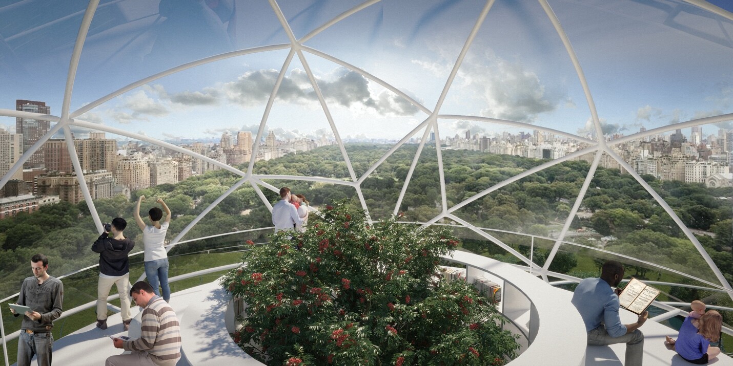 Interior of a mountaintop reading pod under a transparent dome, where readers sit between trees and city views.