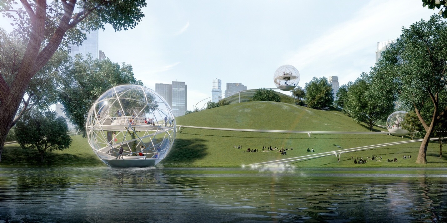 Lake surface reflecting the Lib-Ark reading pod and grass slope, creating a quiet reading and viewing atmosphere.