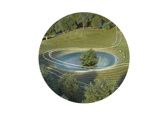 Aerial view of a circular meditation space below a waterfall or water flow, organized around still water and grass slopes.