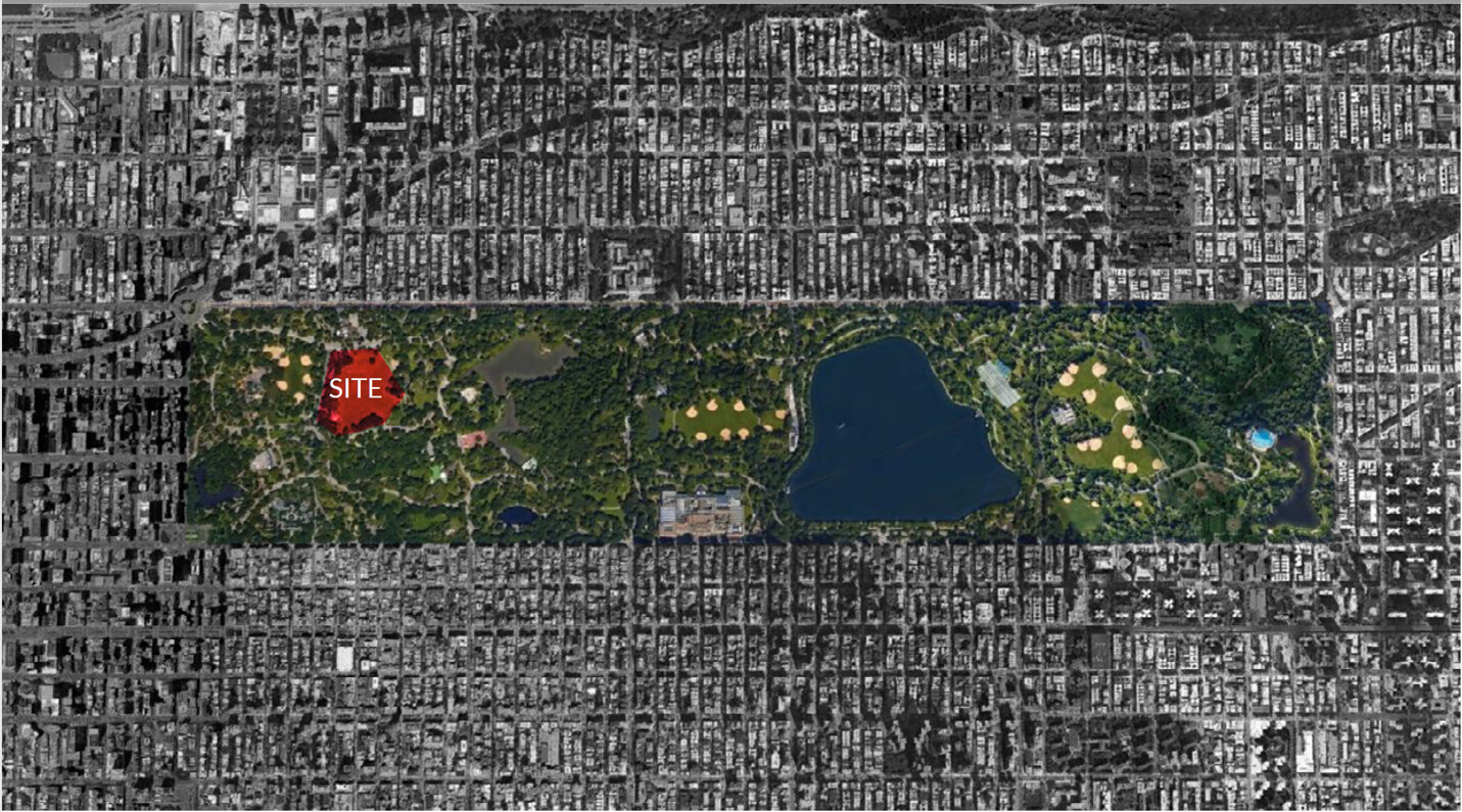 Overall layout of Lib-Ark in New York’s Central Park, showing lakes, paths, reading pods, and the future expansion system.