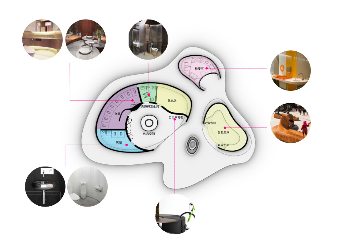 Combined plan and material intent diagram for Scheme A "Morning Dew", explaining the relationship among service spaces, stopover spaces, prefabricated materials, mirrored materials, and other options.