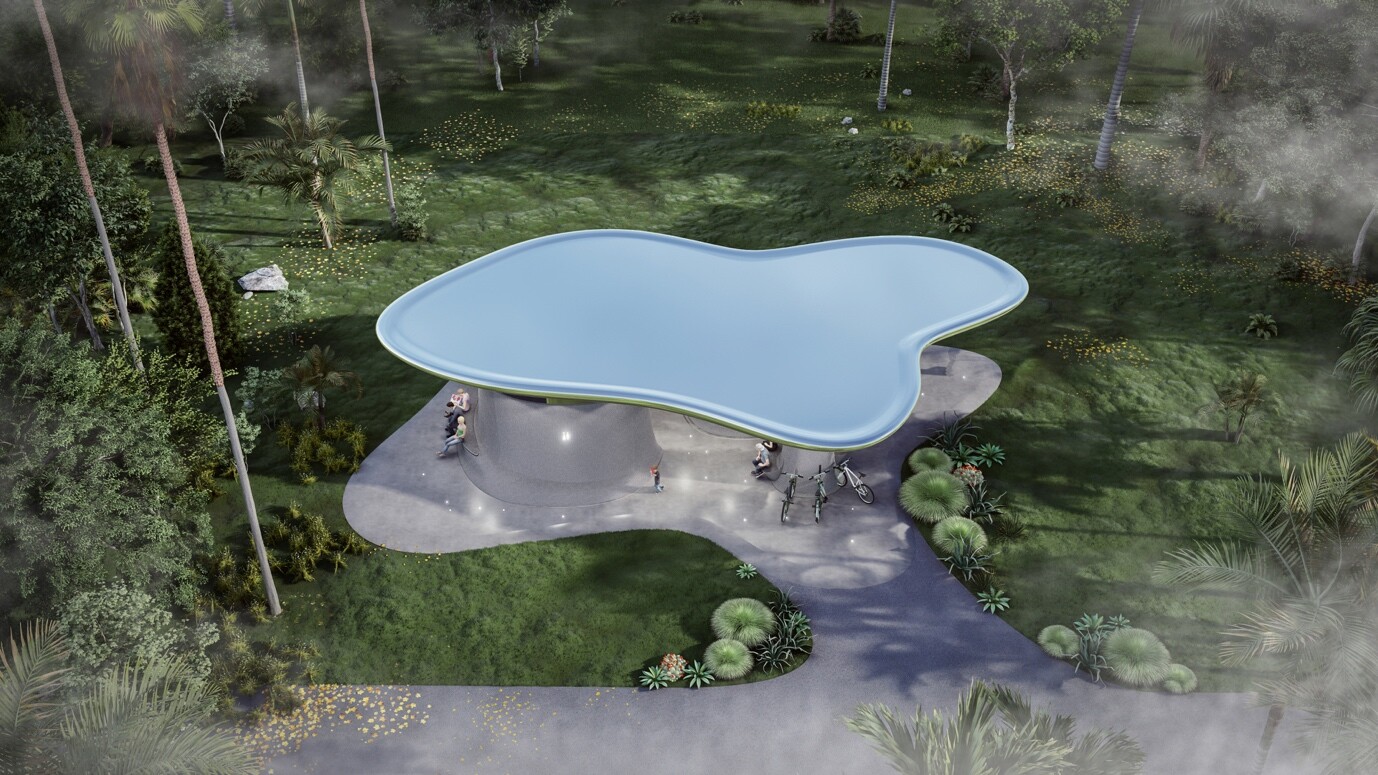 Aerial rendering of Scheme B "Cloud Surge", showing the combination of a flowing cloud-like roof and the functional spaces below.