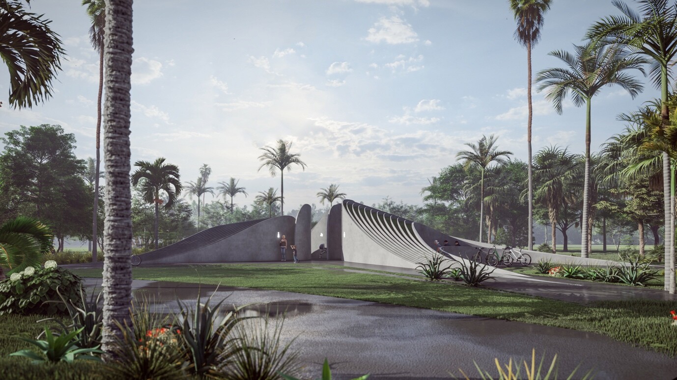 Scene rendering of Scheme C "Rising Wind", where curved walls and linear ribs form a station interface with a sense of motion.