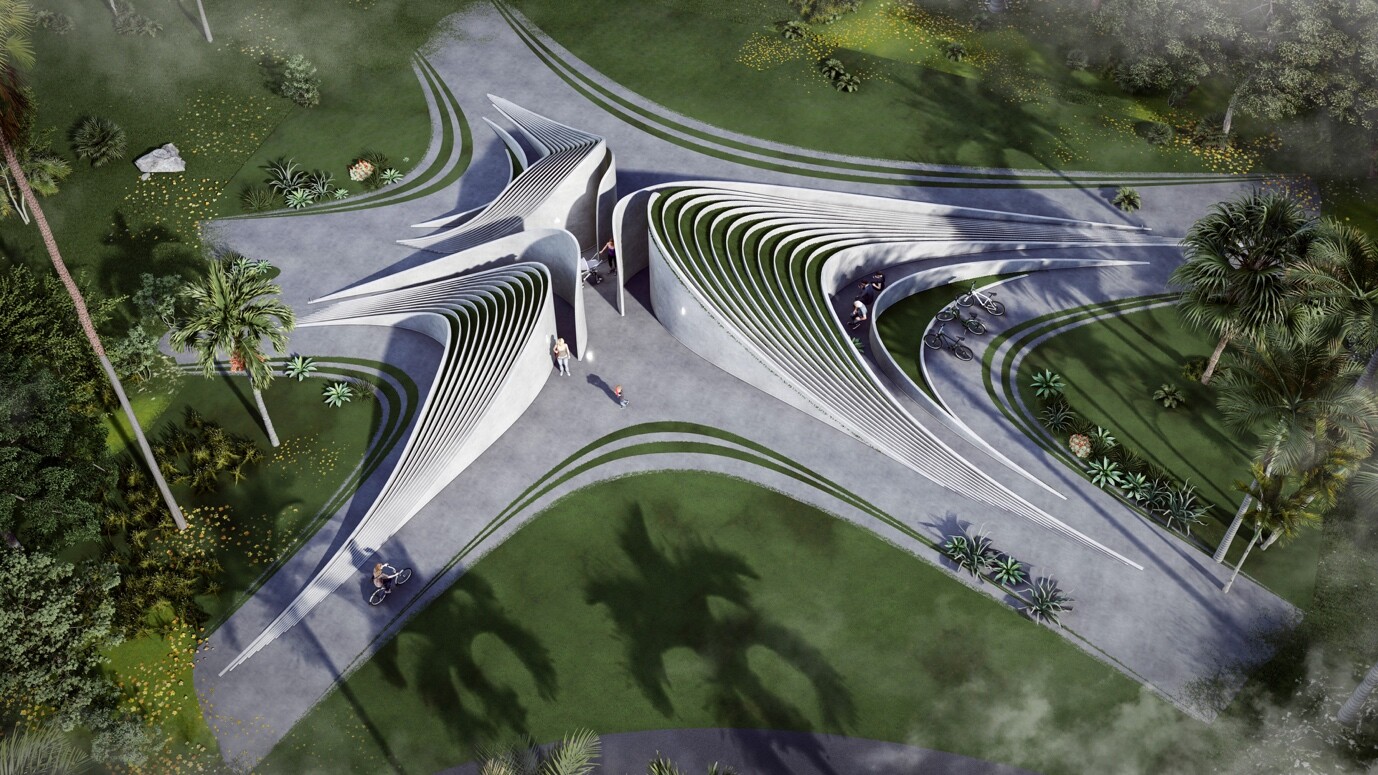 Aerial rendering of Scheme C "Rising Wind", showing the relationship between two groups of streamlined station units, pedestrian paths, and green space.