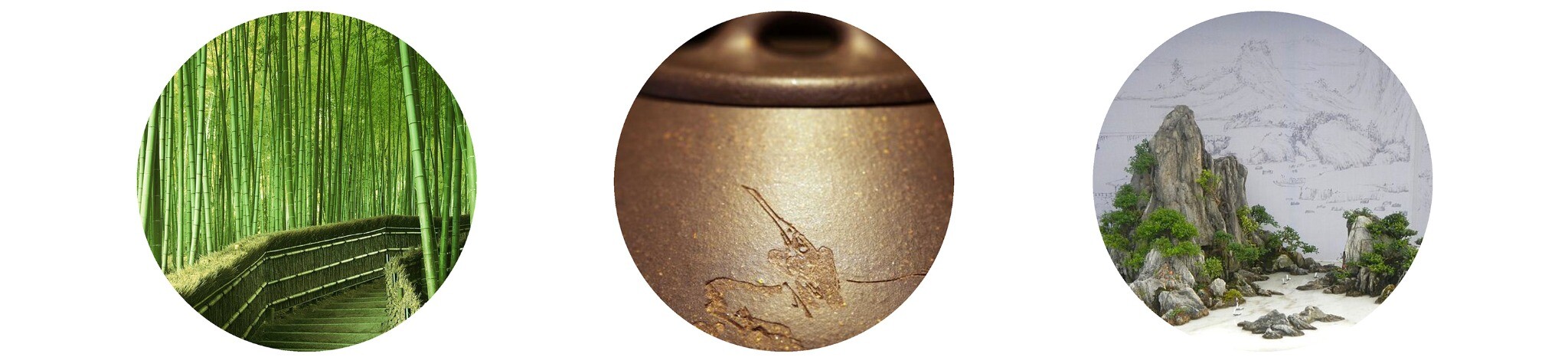 Design inspiration image for YiXing YU Restaurant, showing the relationship among bamboo forests, purple clay, pavilions, and Yixing local culture.