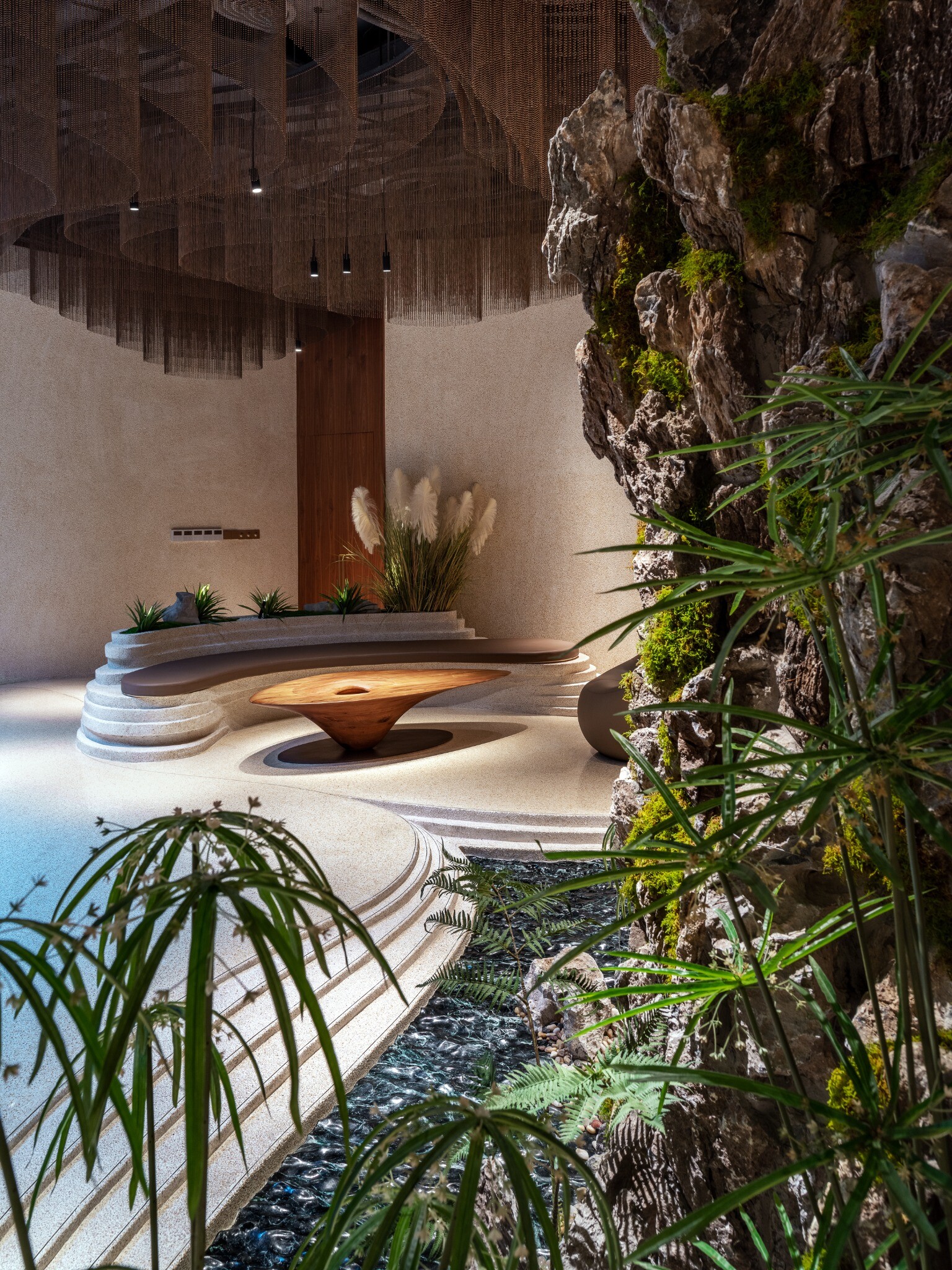 Reception and tea area at the private-room entrance of YiXing YU Restaurant, showing the connection between tea seating and the mountain-water space.