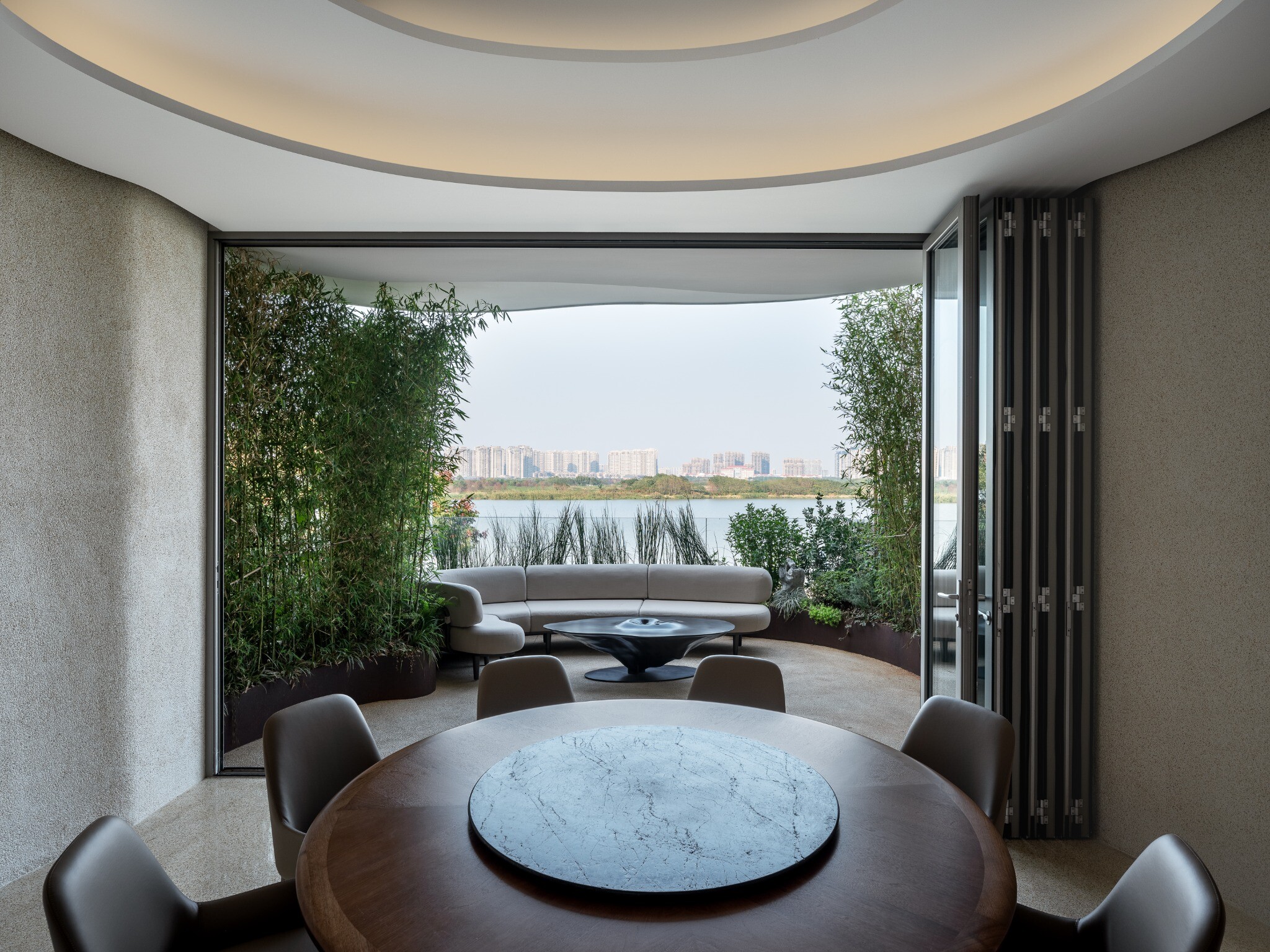 View from a second-floor private room at YiXing YU Restaurant, showing the view toward the opposite shore of Dongjiu Lake.