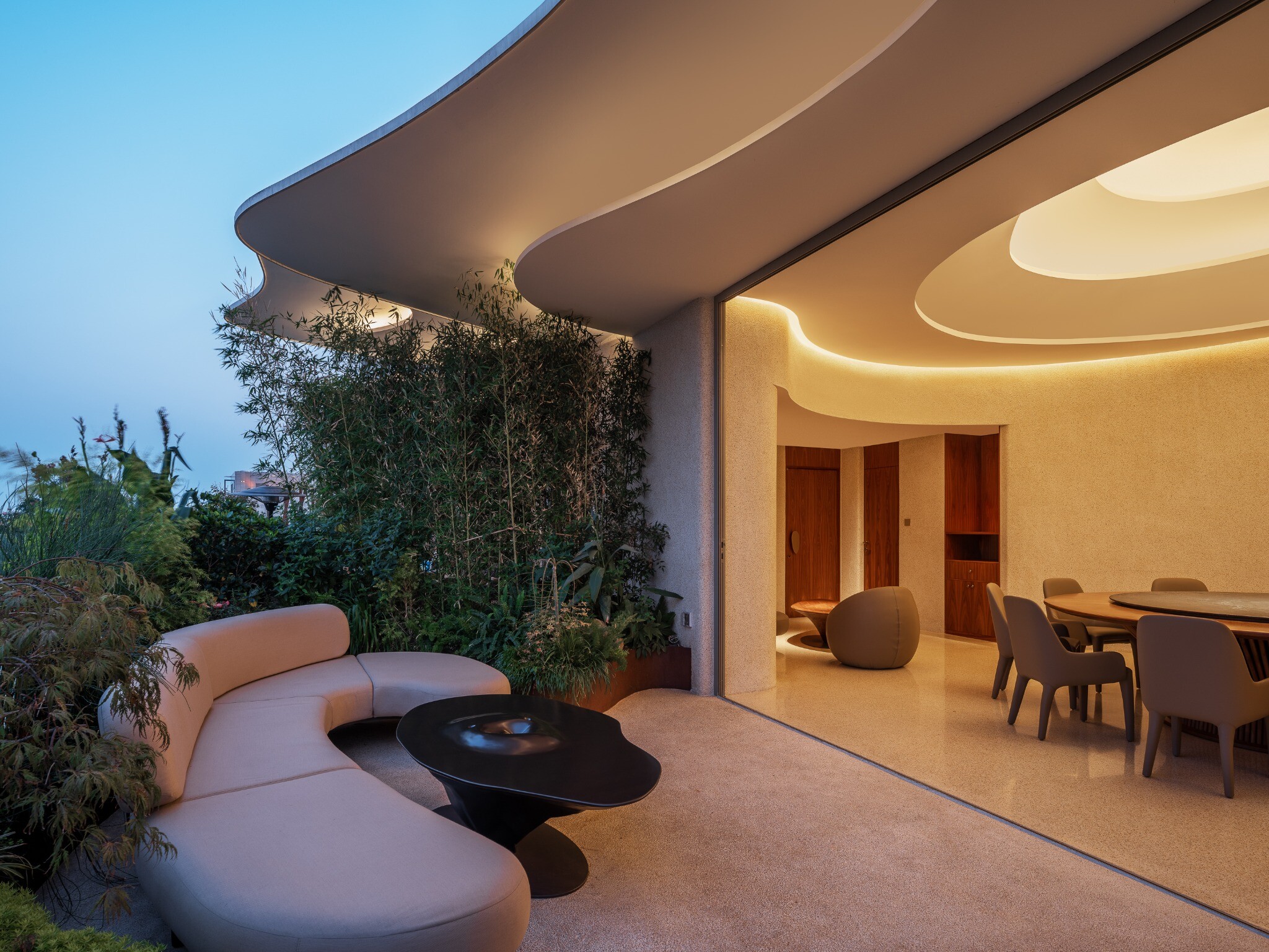Cloud installation in the second-floor private room of YiXing YU Restaurant, extending from the interior to the outdoor balcony.